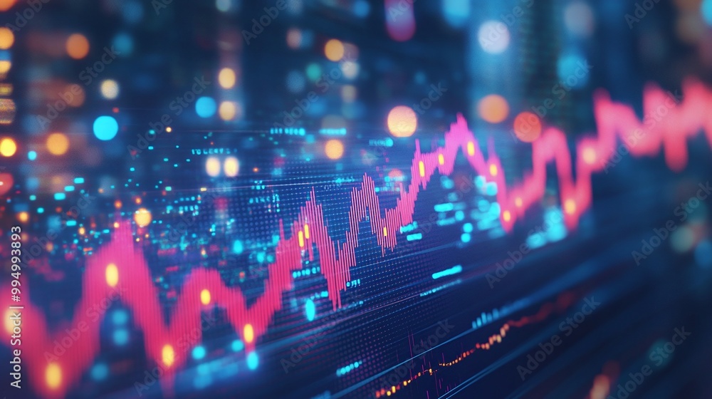 Poster abstract data visualization with glowing charts, graphs, and digital patterns in blue and pink hues.
