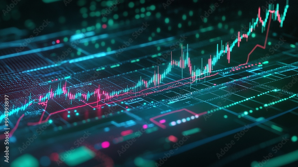 Poster abstract data visualization with glowing graphs and charts representing stock market trends and anal
