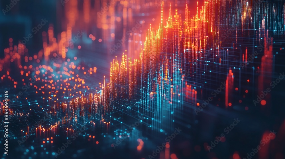 Poster abstract data visualization with glowing graphs and colorful dots representing analytics and insight