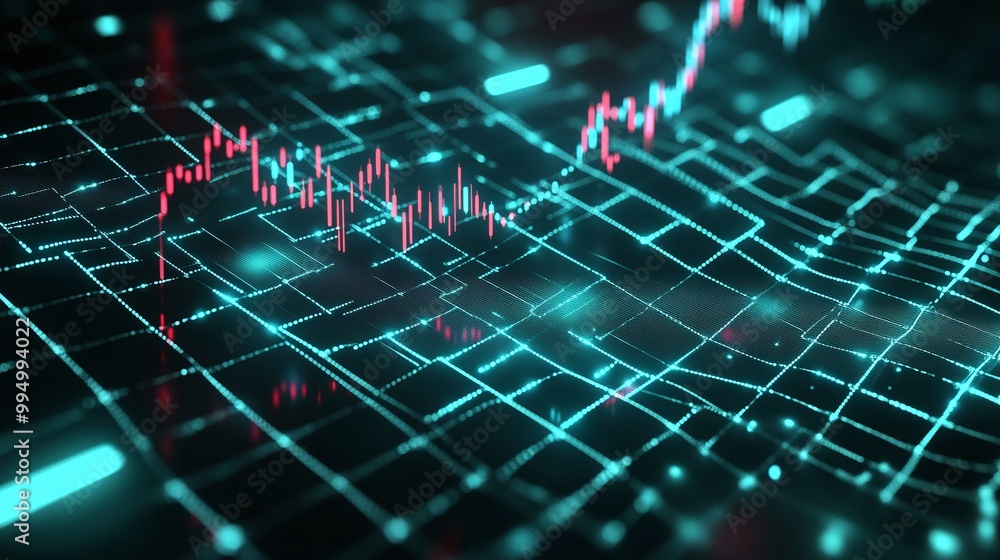 Poster abstract data visualization with glowing graphs and grids on a digital background.