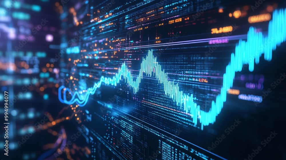 Poster abstract data visualization with glowing graphs on dark background, representing financial growth an