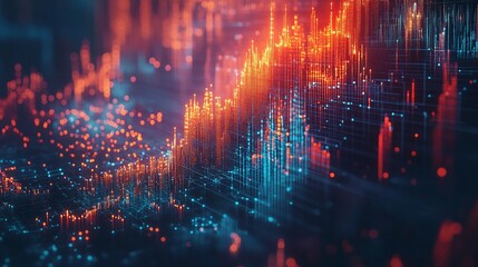 Abstract data visualization with glowing graphs and colorful dots representing analytics and insights.