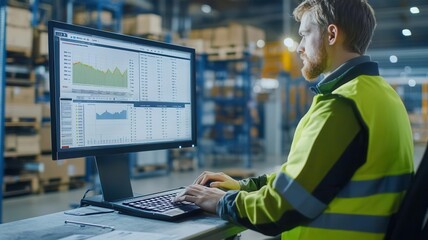 Logistics manager tracking delivery performance data on a computer, focusing on quality improvement metrics