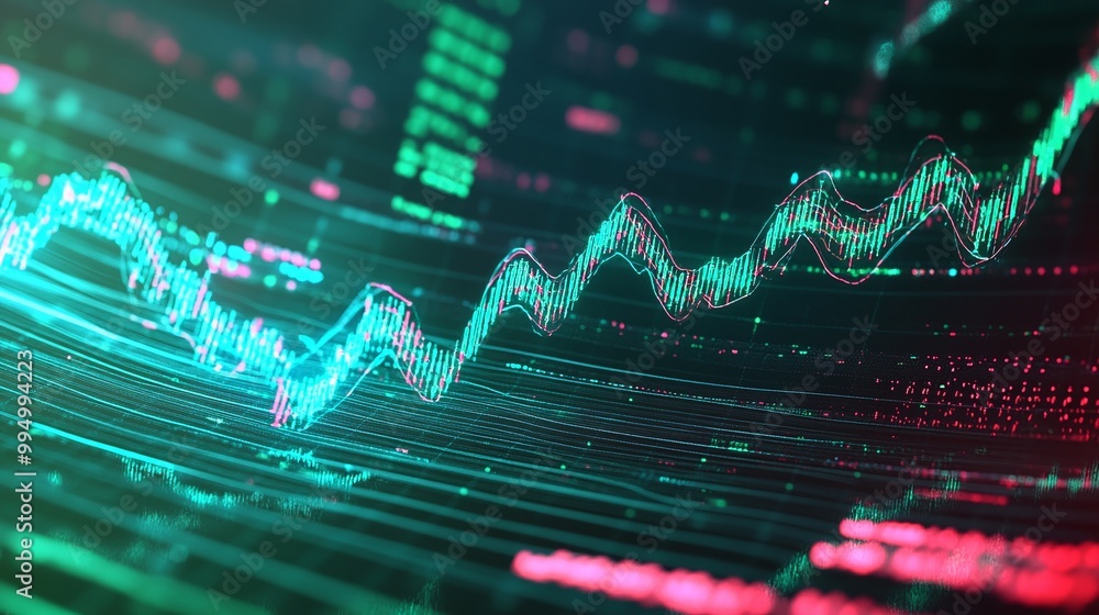 Poster abstract data visualization with glowing lines and charts in vibrant green and red colors.