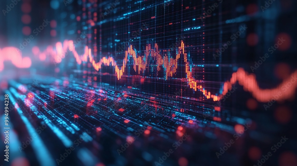 Poster abstract data visualization with glowing lines and dots representing digital network trends and anal