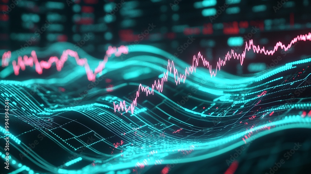 Poster abstract data visualization with glowing lines and fluctuating graphs in blue and pink colors.