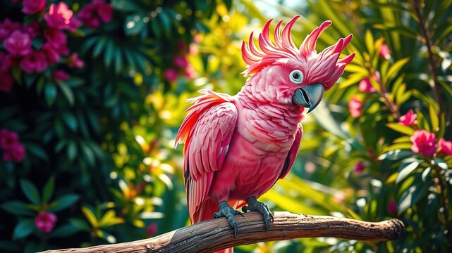 Vibrant pink-feathered cockatoo perches on a wooden branch, its charismatic gaze and fluffed crest conveying a sense of playful sophistication amidst a lush, sun-drenched garden backdrop.