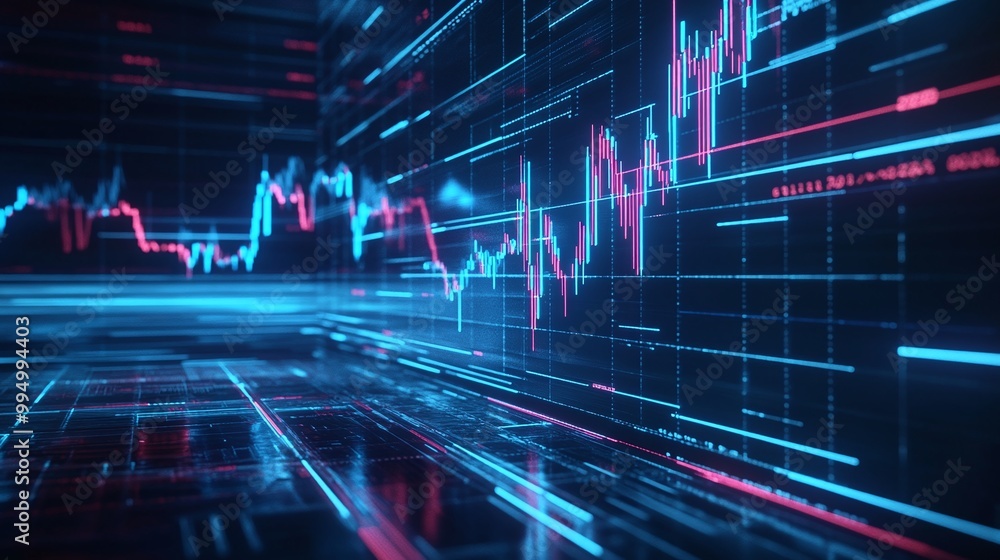 Poster abstract data visualization with glowing lines and graphs representing digital financial growth.