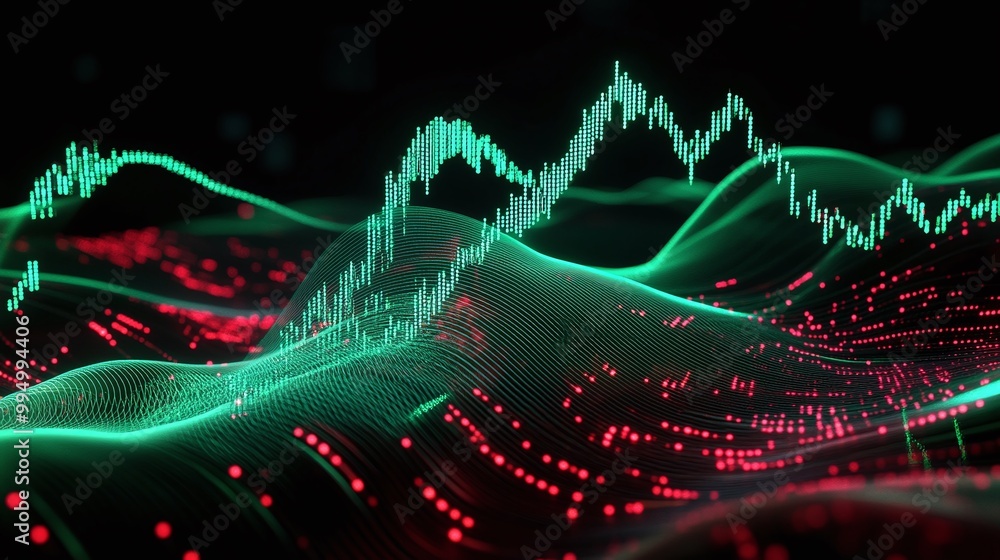 Poster abstract data visualization with glowing lines and waves representing digital information and analyt