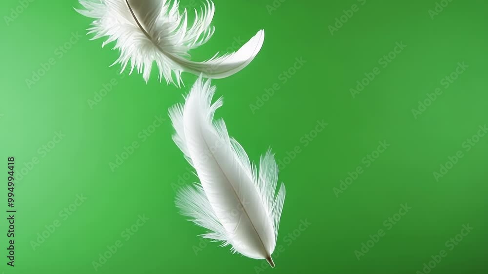 Poster two delicate white feathers are slowly falling down on a green screen background, creating a serene 