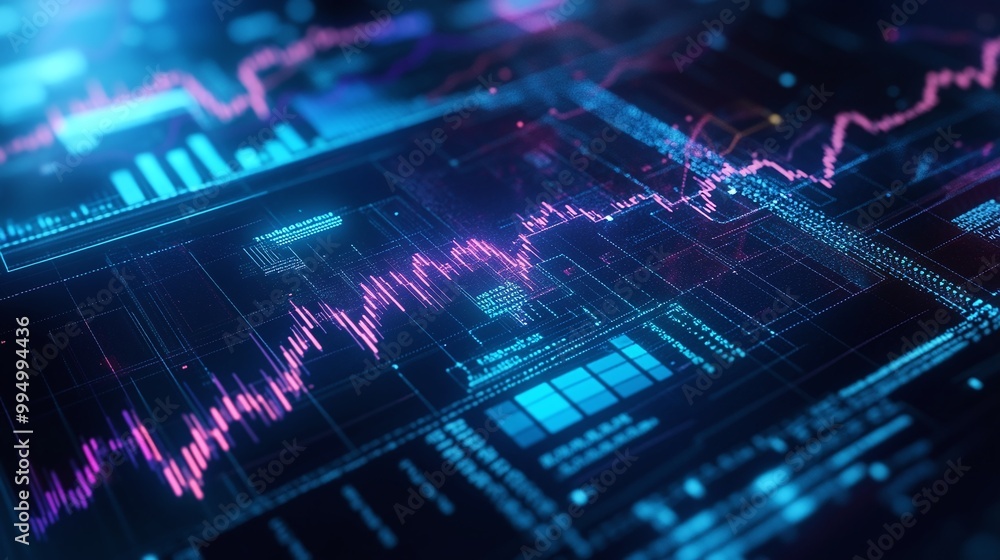 Poster abstract data visualization with graphs and charts in vibrant colors on a digital screen.