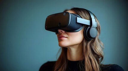 Naklejka premium A woman wearing a VR headset navigates a magical fantasy world hues of blue