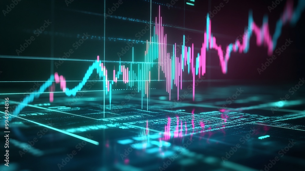 Poster abstract data visualization with vibrant blue and pink lines representing stock market trends and an