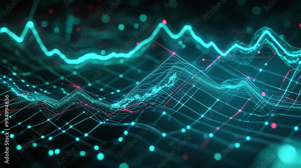 Poster abstract data visualization with vibrant blue and pink lines representing digital waves on a dark ba