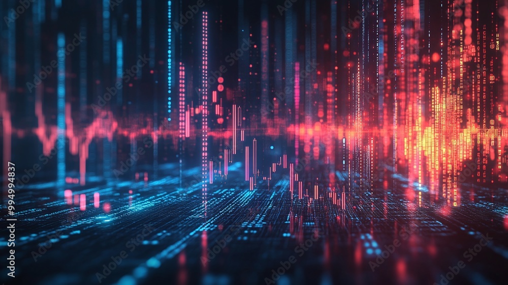 Poster abstract data visualization with vibrant blue and red lines representing digital information flow.