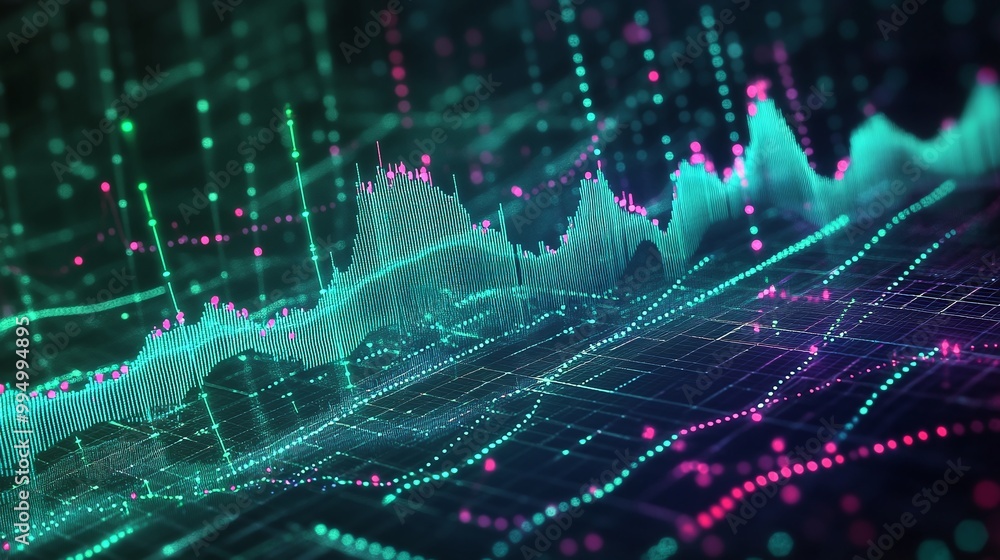 Poster abstract data visualization with vibrant colored charts and graphs representing digital information.