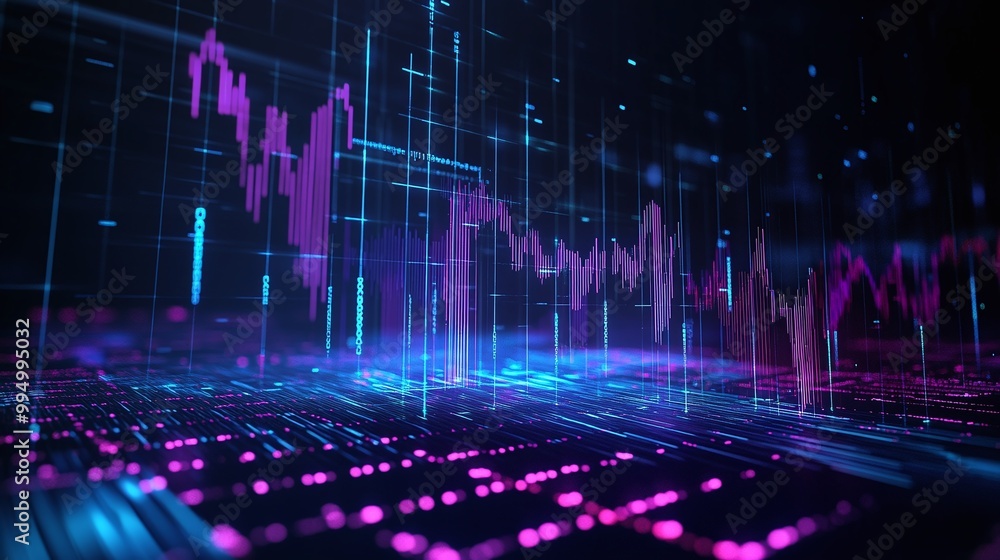 Poster abstract data visualization with vibrant colors and dynamic lines representing stock market trends.