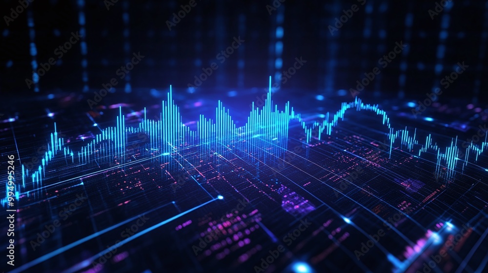 Poster abstract data visualization with vibrant graphs and fluctuating lines representing financial trends 