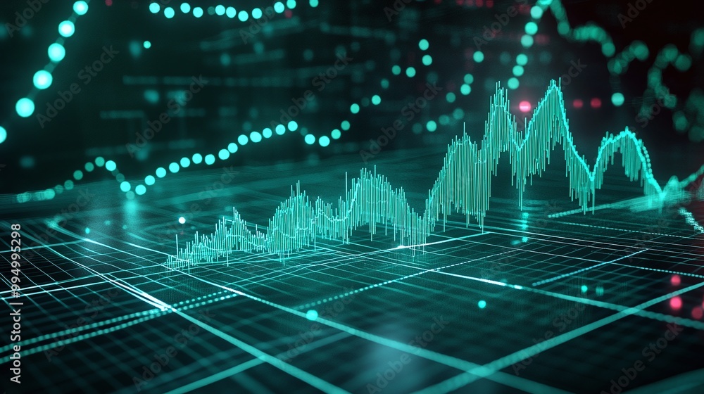 Aufkleber abstract data visualization with vibrant green lines and dots illustrating complex financial trading