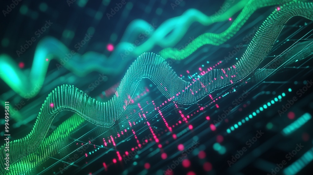 Poster abstract digital background featuring vibrant wave patterns and data visualizations in green and pin