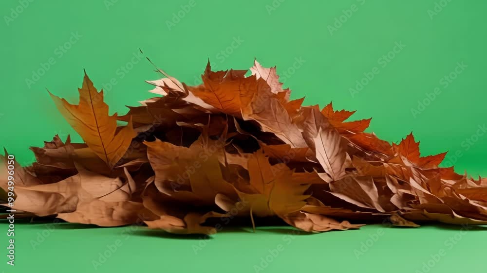 Poster heap of dried maple leaves is laying on a green screen background, perfect for compositing fall them