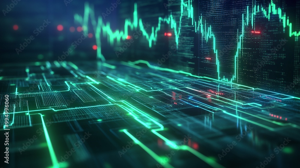 Poster abstract digital background with glowing graphs and data visualizations, representing financial tren