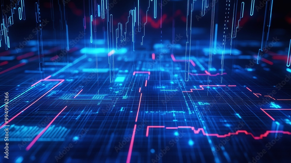 Poster abstract digital background with glowing lines and circuits in blue and red tones.