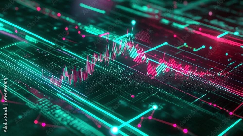 Poster abstract digital background with neon lines and graphs representing data analysis and technology tre