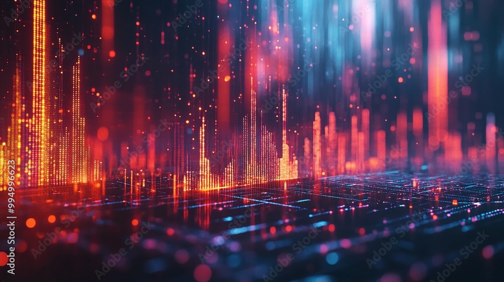 Poster Abstract digital background with vibrant colors, featuring glowing particles and lines creating a futuristic atmosphere.