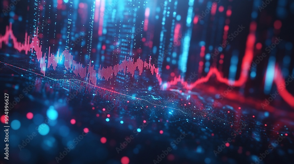 Poster abstract digital background with vibrant blue and red lines representing data flow and connectivity.