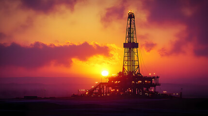Obraz premium Oil Rig Silhouette at Sunset: A Dramatic View of Energy Production