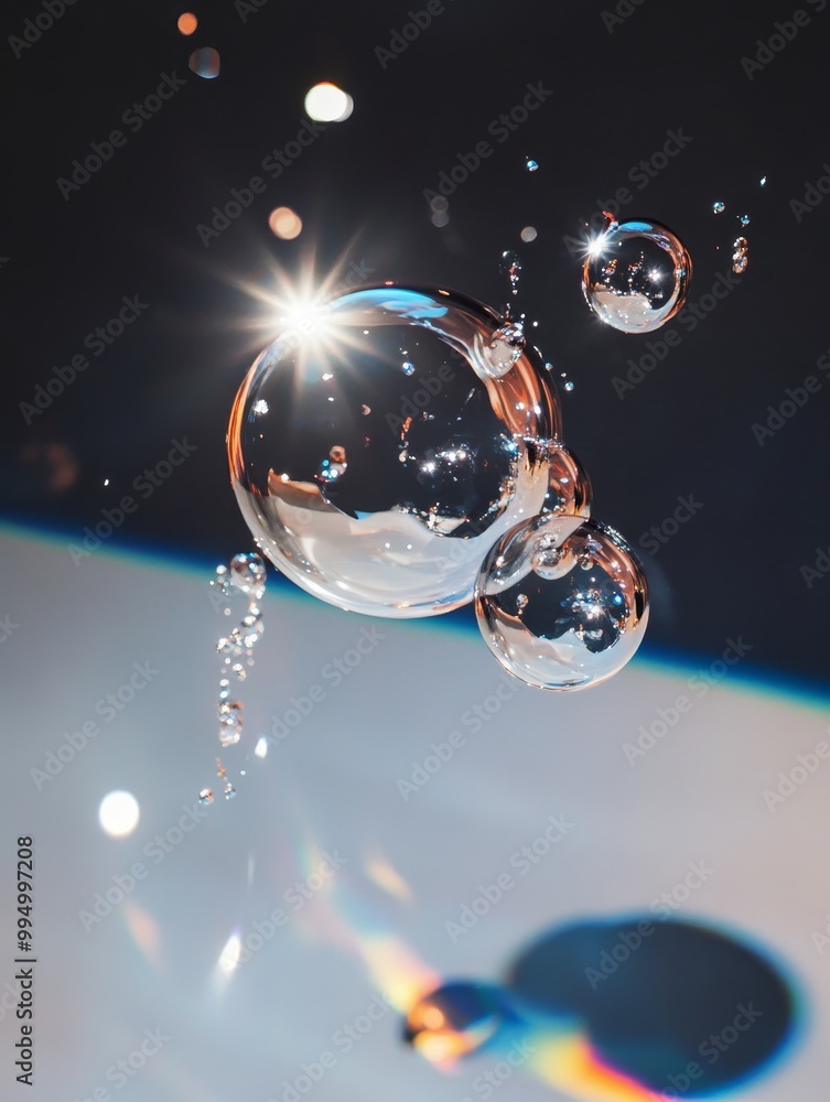 Poster a captivating abstract image of floating bubbles reflecting sunlight, symbolizing purity, fragility,