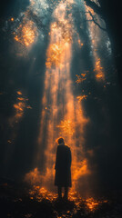 Fototapeta premium A person stands in the middle of a forest, bathed in golden light.