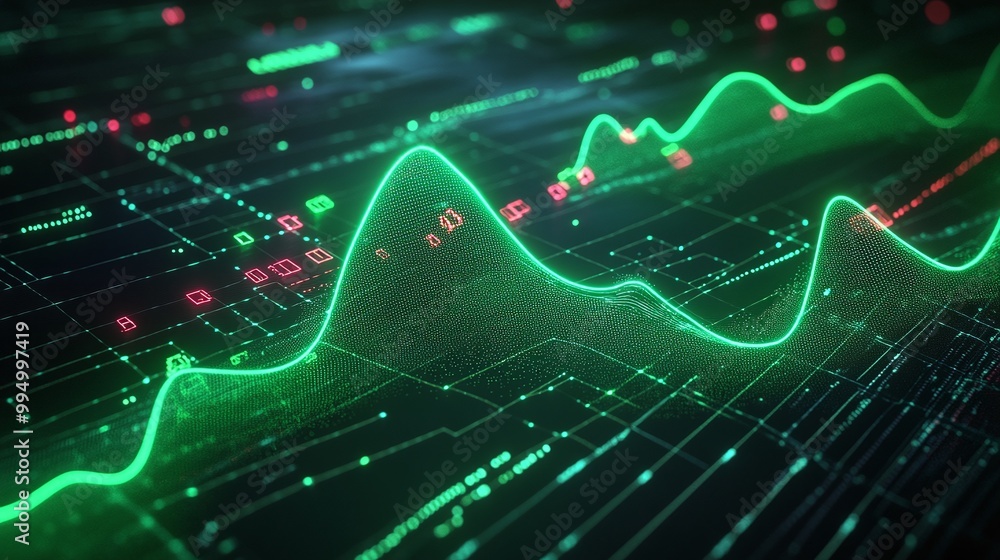 Poster abstract digital data representation with green wave forms and grid patterns.