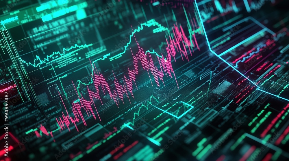 Poster abstract digital data visualization featuring colorful graphs and charts on a dark background.