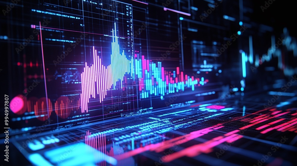 Poster abstract digital data visualization with charts and graphs in vibrant colors.