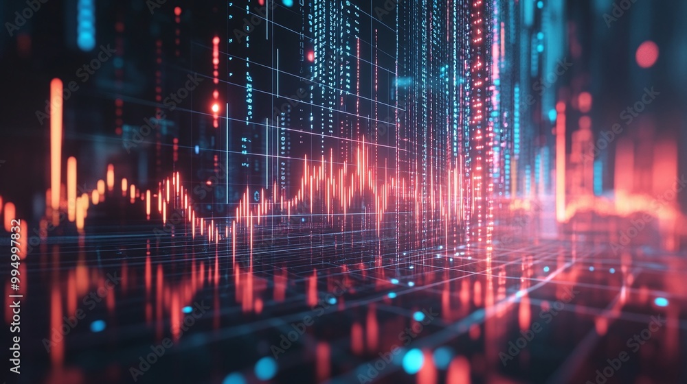 Poster abstract digital data visualization with colorful graphics, representing data analysis and technolog