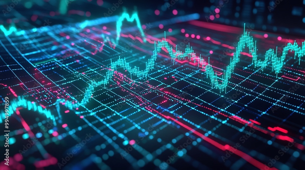 Poster abstract digital data visualization with colorful graphs and charts for financial analysis and tradi