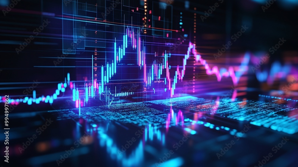 Poster abstract digital data visualization with colorful graphs and charts on a dark background.