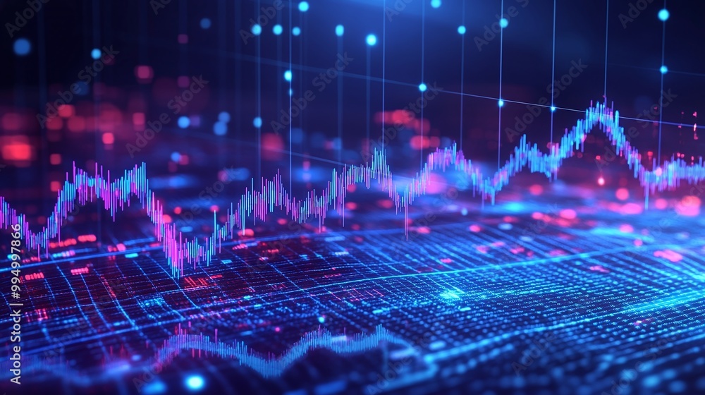 Poster abstract digital data visualization with colorful graphs and charts on a futuristic background.