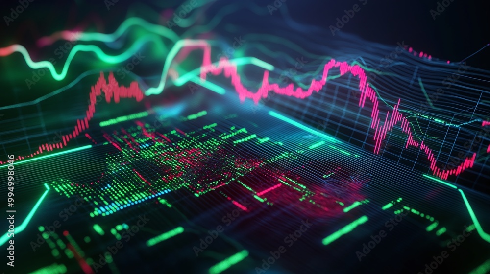 Poster abstract digital data visualization with colorful graphs and charts representing market trends and a