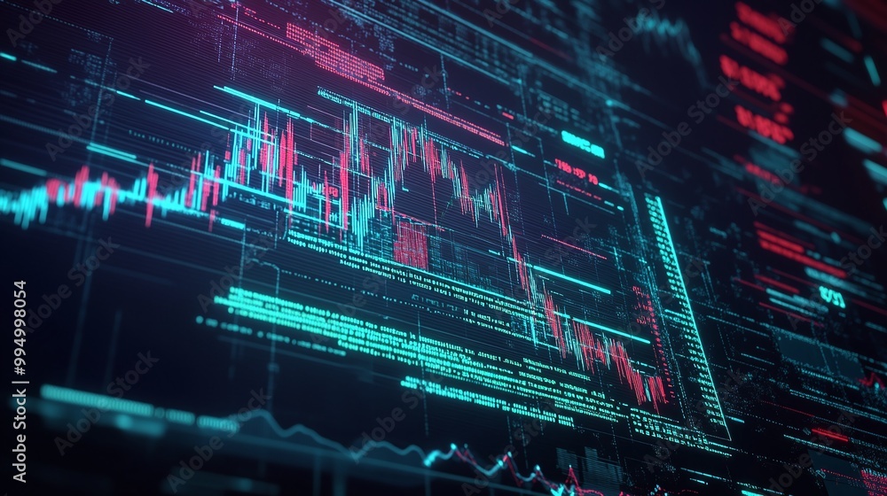 Poster abstract digital data visualization with colorful graphs and charts showcasing financial trends on a