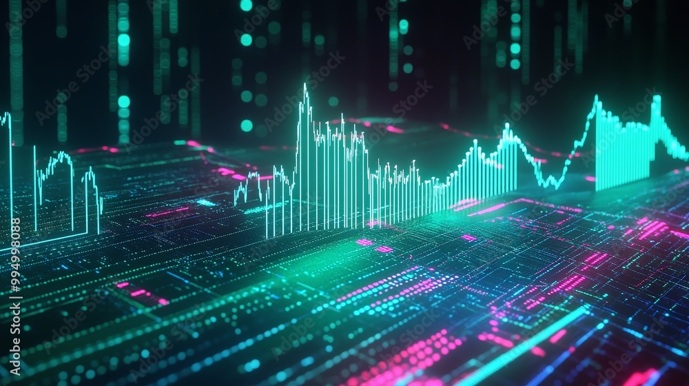 Poster abstract digital data visualization with colorful graphs and lines, representing modern data analysi