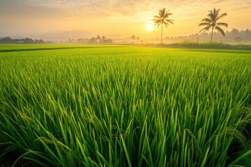 A vibrant green paddy field at sunrise, with mist hovering over the water. Warm morning light. Peaceful countryside with scattered palm trees