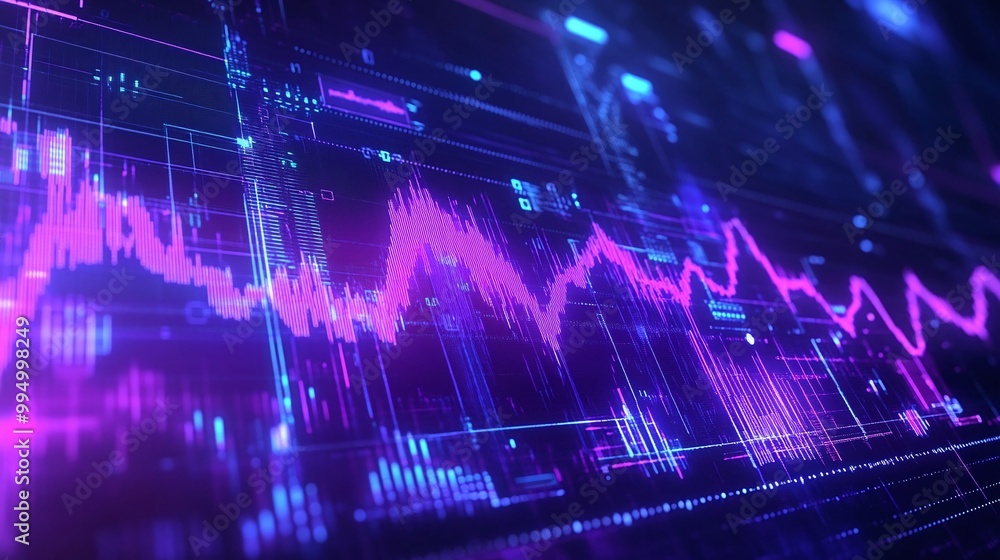 Poster abstract digital data visualization with colorful graphs and lines representing analytics on a dark 