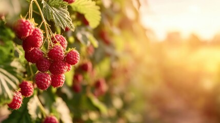 Fototapeta premium Juicy, ripe raspberries hang from their plant, soaking up the warm sunlight in a vibrant garden setting