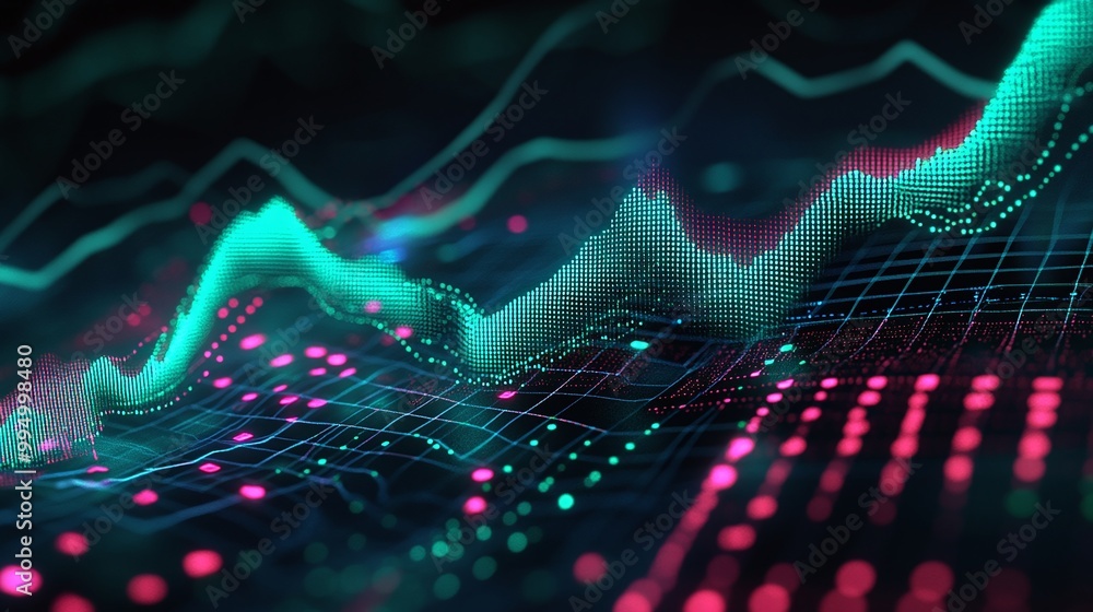 Poster abstract digital data visualization with colorful lines and dots representing data analysis and fina