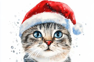 A charming watercolor illustration of a cat wearing a Santa hat, perfect for Christmas cards, decorations, and holiday greetings. The cat's playful expression and festive attire evoke joy and warmth.