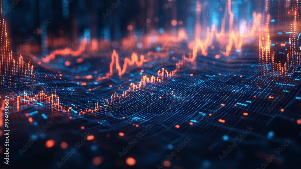 Poster abstract digital data visualization with colorful lines representing growth and trends.