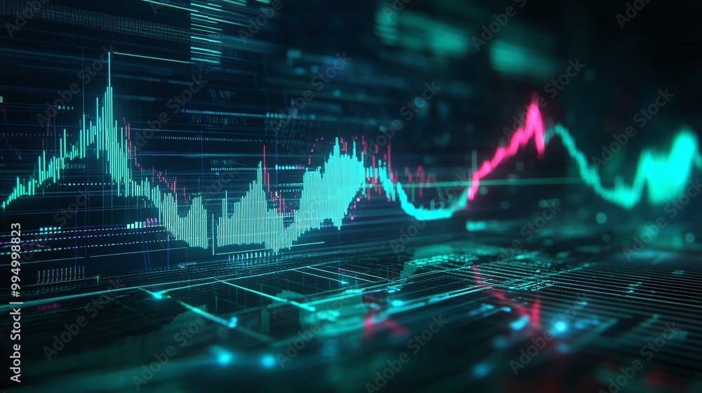 Poster abstract digital data visualization with dynamic graphs and charts illustrating financial trends and